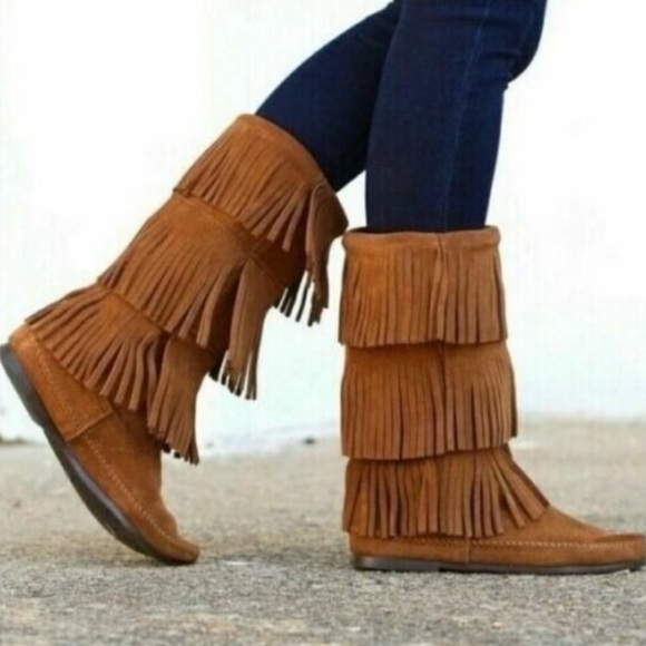 Minnetonka Womens Brown Suede 3 Layer Triple Fringe Moccasins Boots size 8 - Picture 17 of 17